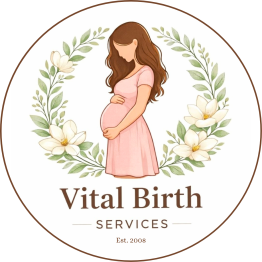 Vital Birth Services Doula logo featuring a minimalist pregnant woman silhouette surrounded by magnolia wreath of flowers - doula for the Harrison Arkansas area specializing in comfort measures, lactation, breastfeeding, pregnancy and pain free birth support services in Boone county Arkansas.